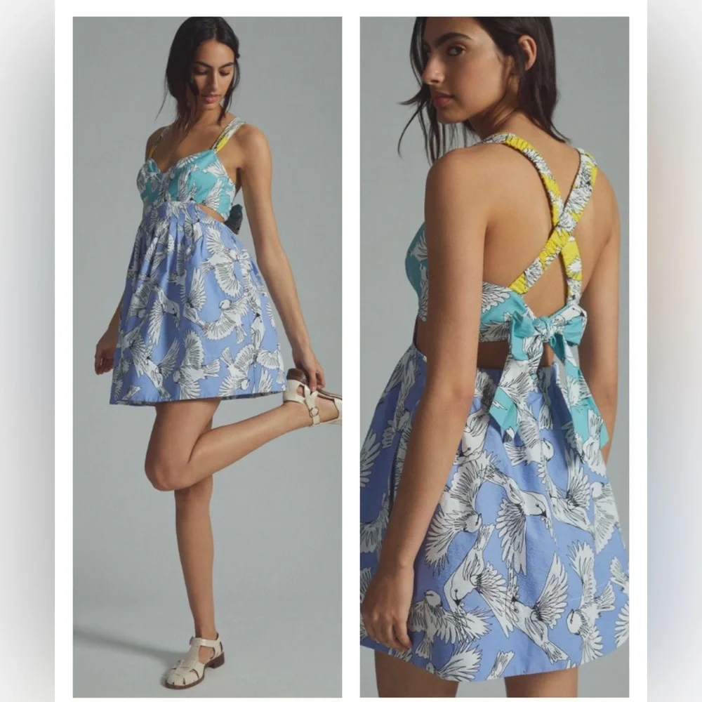 NWT Anthropologie Babydoll Mini Dress 12 RARE Birds Open Back Blue Fit & Flare